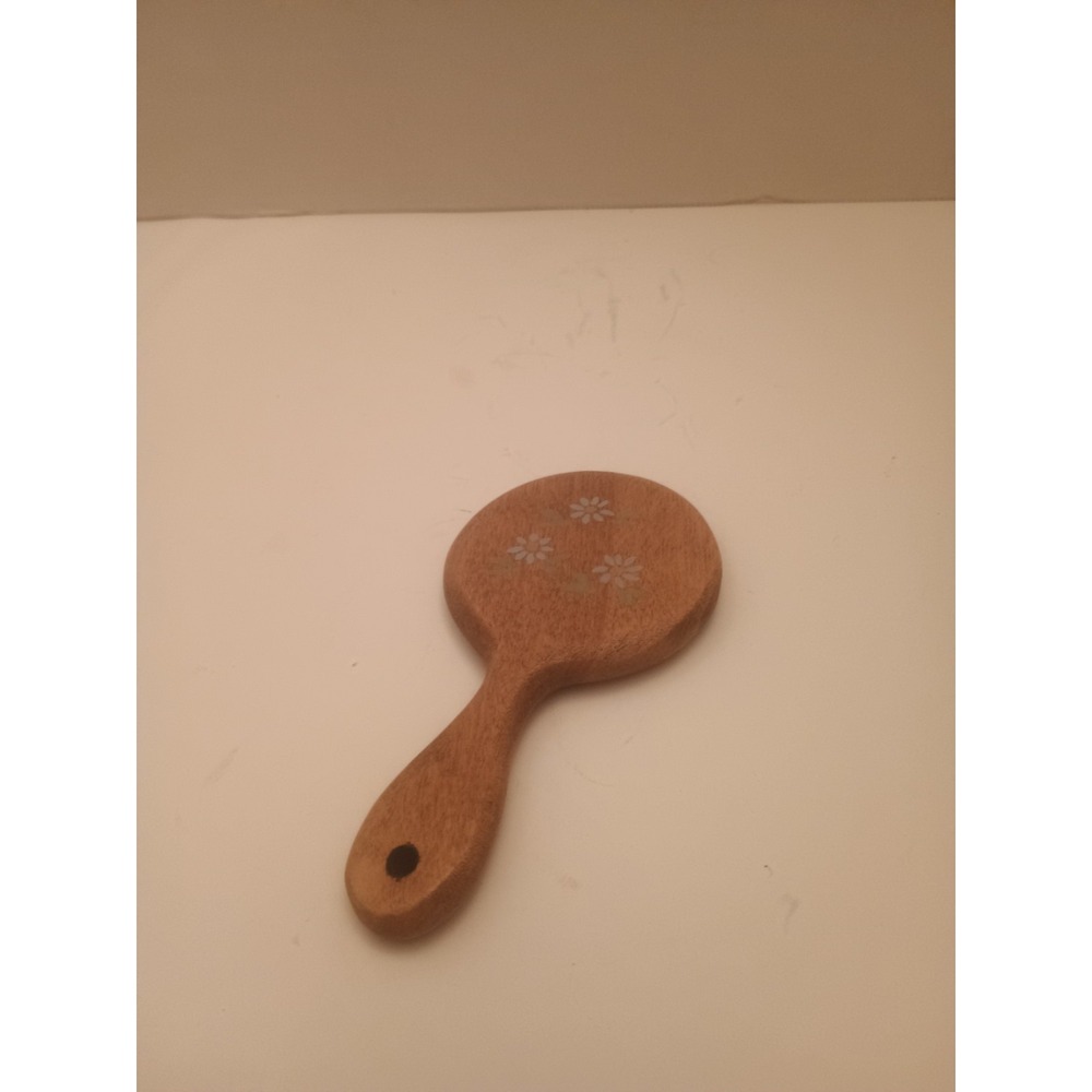 Unique Vintage Hand Held Wooden Mirror 5 1/2 " Hand Painted Pre Owned